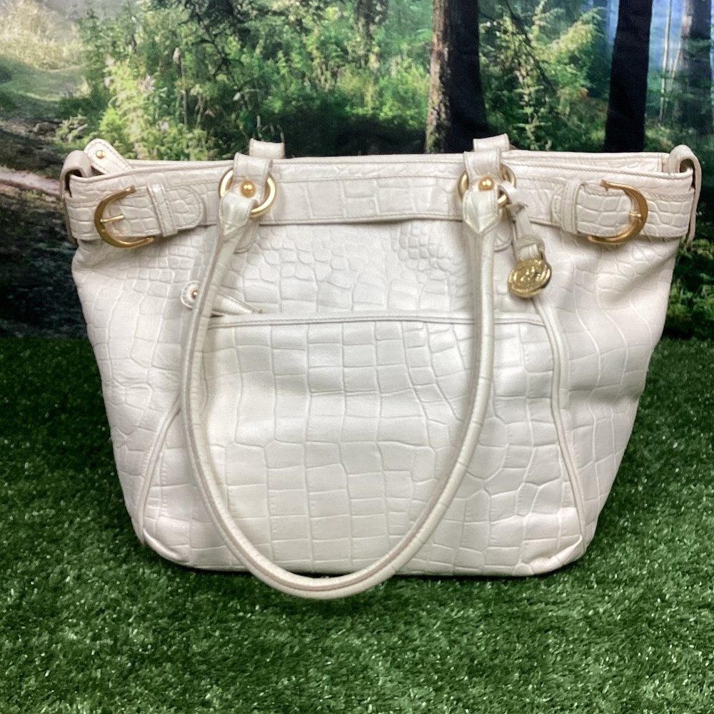 Brahmin White Embossed Satchel Tote Handbag